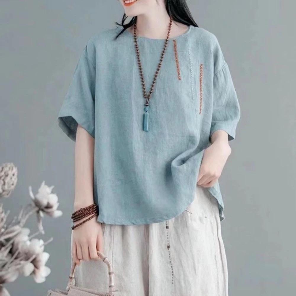 100% Cotton Tay Ngắn Nữ Thêu Vải Lanh Cotton Cổ Tròn Mùa Hè Đơn Giản Phù Hợp Với Phong Cách Mới Rời Plus Kích Thước Áo Thun Nữ Chui Đầu Top Nữ Hợp Thời Trang