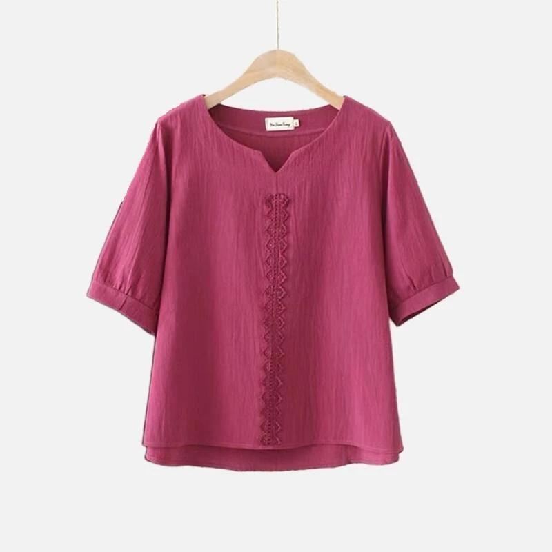 100% Cotton Vải Lanh Mẹ Mùa Hè Đầm Khâu Phong Cách Phương Tây Ren Rời Đơn Giản Phù Hợp Với Bao Thịt Văn Học Kích Thước Lớn Áo Thun Tay Ngắn