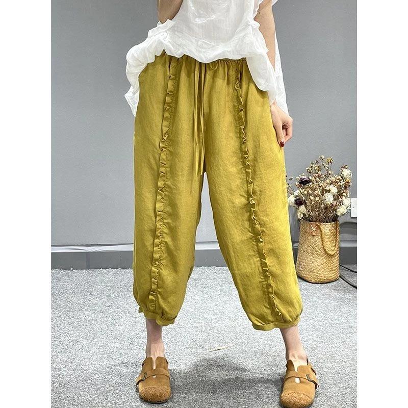 100% Cotton Vải Lanh Mùa Hè Phong Cách Mới Nấm Cạnh Mỏng Hơn Nhìn Hậu Cung Quần Đơn Giản Phù Hợp Với Văn Học Màu Trơn Rời Thường Ngày Crop Quần Nữ