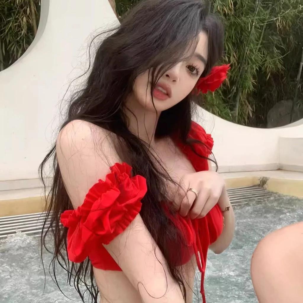2025 Phong Cách Mới Gợi Cảm Retro Đỏ Bikini, Phong Cách Âu Mỹ Pure Desire Đồ Bơi