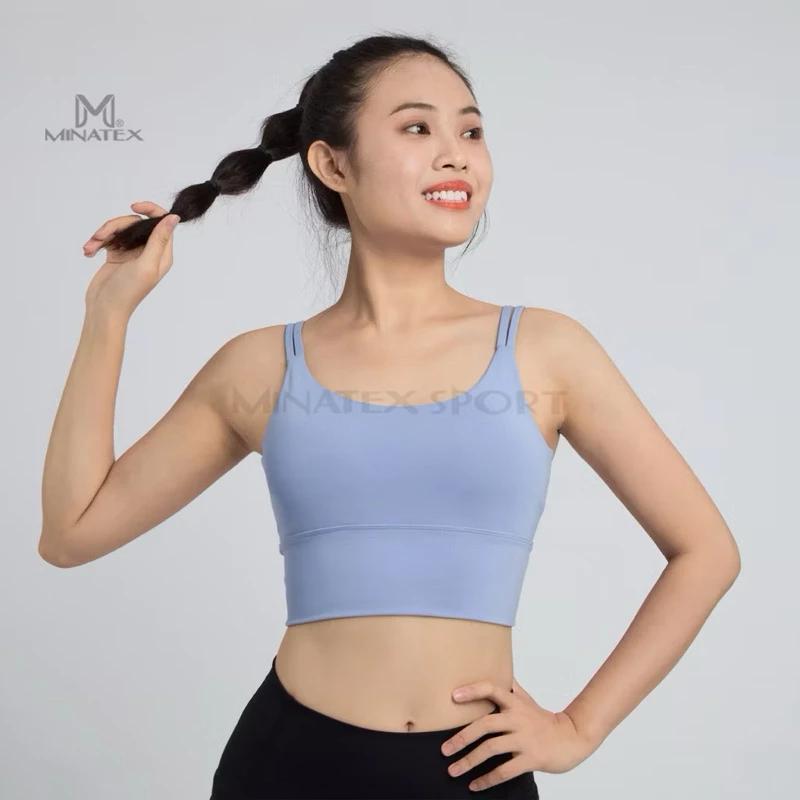 Áo bra tập gym yoga MINATEX 2 dây nhỏ bo siết eo vải xịn đẹp co giãn 4 chiều freesize 45-55kg, mút bàn tay nâng v1