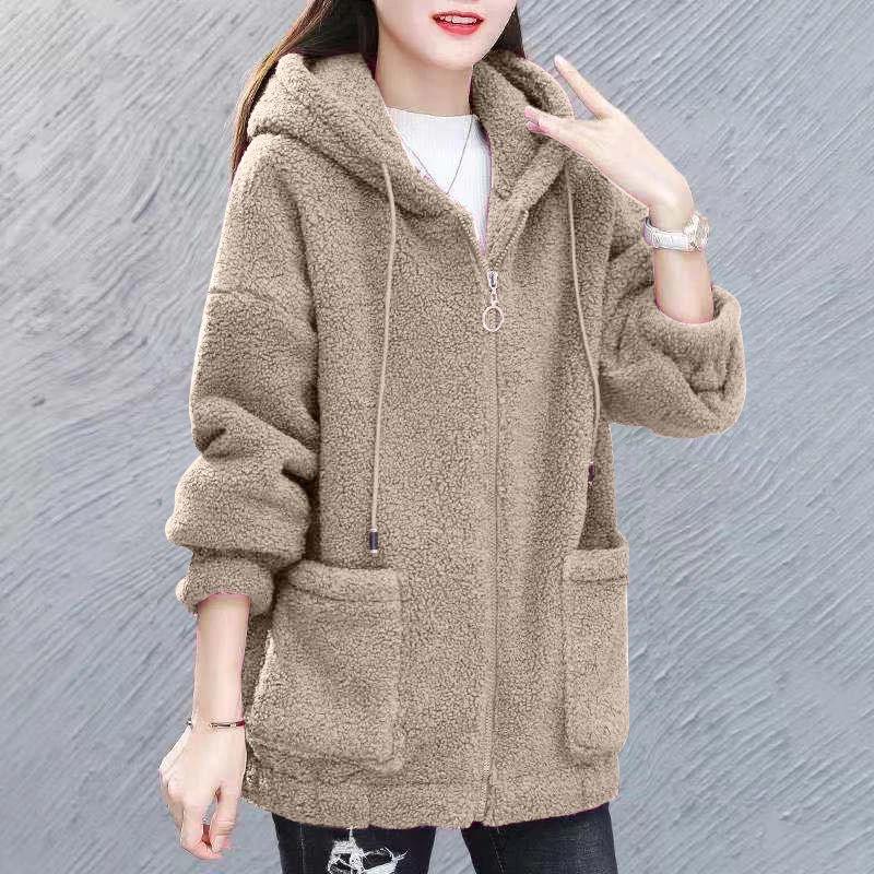 Áo khoác len cừu cho phụ nữ mùa thu đông 2024, có lót lông cừu, dày dạn, có mũ, túi, áo khoác cardigan phong cách lười biếng cho phụ nữ