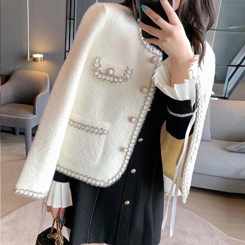 Áo khoác nhỏ thơm phong cách Pháp mùa thu đông mới cho phụ nữ, thanh lịch, đa năng, nhung giả lông chồn, áo cardigan ngắn mùa xuân thu