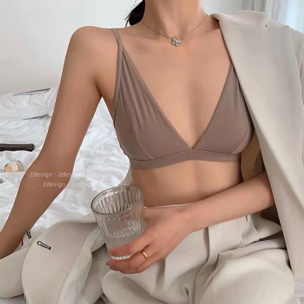 Áo Ngực Cổ Chữ v Sâu Màu Trơn Siêu Mỏng Không Gọng Thép Thời Trang Mùa Hè Pháp Cho Nữ