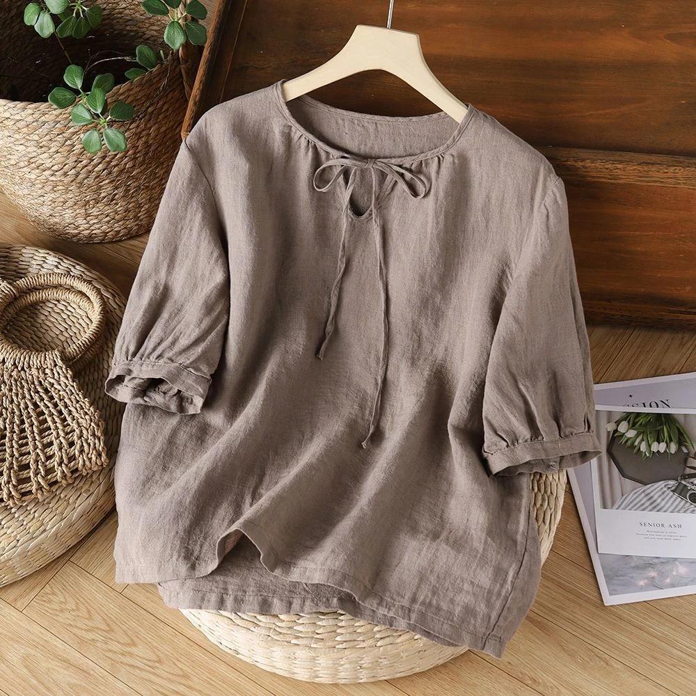 Áo Sơ Mi Vải Lanh Cotton Màu Trơn Áo Sơ Mi Nữ Rời Xếp Ly Tay Ngắn Đơn Giản Phù Hợp Với Văn Học Cổ Điển Tất Cả Trận Đấu