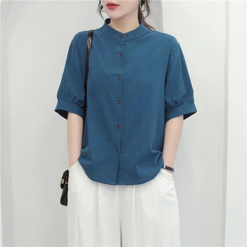 Áo Sơ Mi Vải Lanh Cotton Mùa Hè 2024 Quần Áo Nữ Đèn Lồng Tay Đơn Giản Phù Hợp Với Phong Cách Retro Văn Học Hàng Đầu Lỏng Lẻo Ôm Hơn Nhìn Trung Tay Plus Kích Thước Áo Sơ Mi Nữ