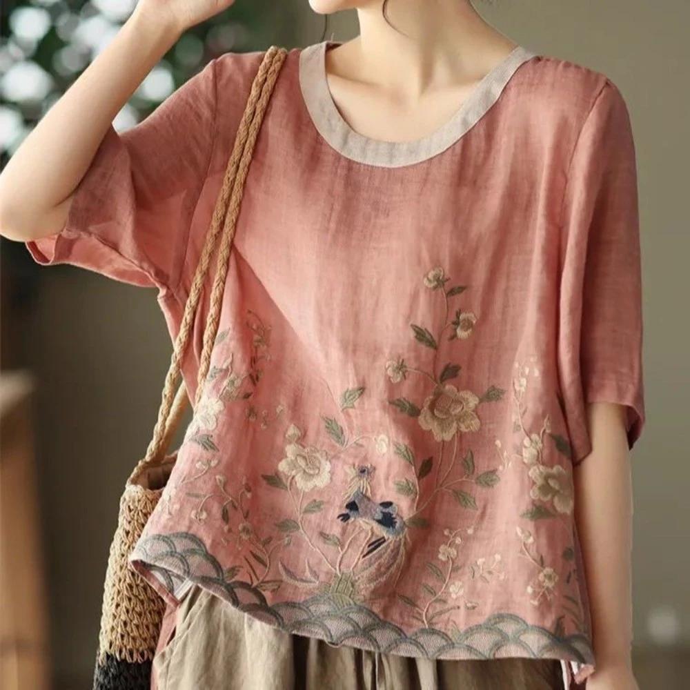 Áo Sơ Mi Vải Lanh Cotton Nhỏ Mùa Hè Phong Cách Mới Văn Học Đơn Giản Phù Hợp Với Retro Thêu Top Nữ Màu Sắc Phù Hợp Với Áo Chui Đầu Tính Khí Áo Thun