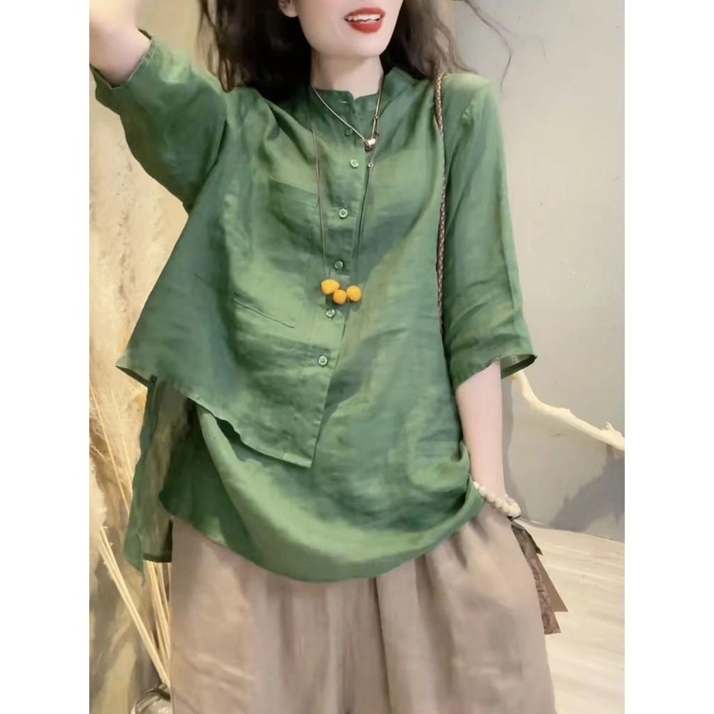 Áo Sơ Mi Vải Lanh Cotton Retro Nữ Đơn Giản Phù Hợp Với Thiết Kế Phong Cách Mùa Hè Niche Tay Ba Phần Tư Rời Bao Bụng Ôm Hơn Nhìn Mỏng Top Quần Áo Nữ