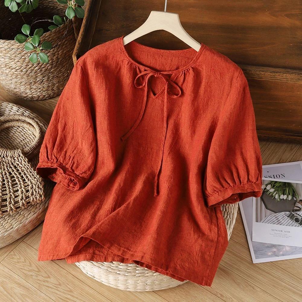 Áo Sơ Mi Vải Lanh Cotton Trơn Nữ Rời Đơn Giản Phù Hợp Xếp Ly Ngắn Tay Văn Học Retro Top