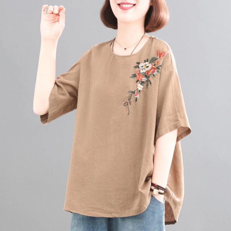 Áo thun Cotton lanh ngắn tay nữ mùa hè phong cách mỏng phong cách dân tộc thêu cổ tròn hàng đầu đơn giản phù hợp với áo thun dáng rộng