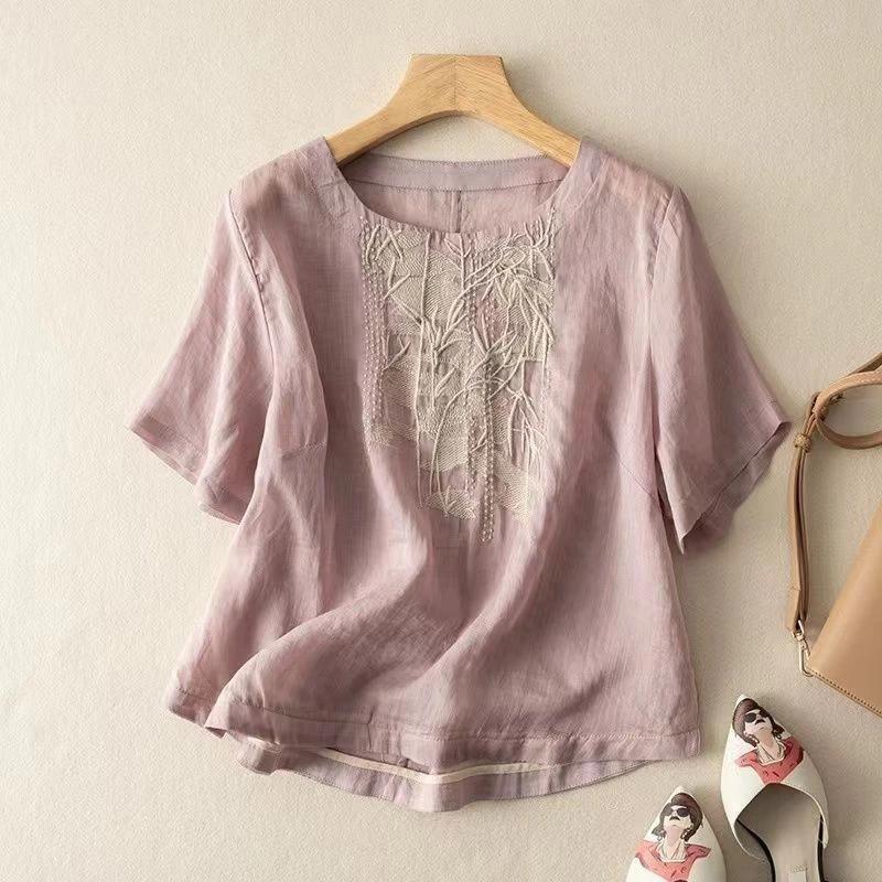Áo thun Cotton ngắn tay vải lanh nữ mặc mùa hè 2024 Phong cách mới Đơn giản phù hợp với mọi lứa tuổi Giảm tuổi Phong cách phương Tây Mẹ Áo sơ mi nhỏ Tính khí hàng đầu