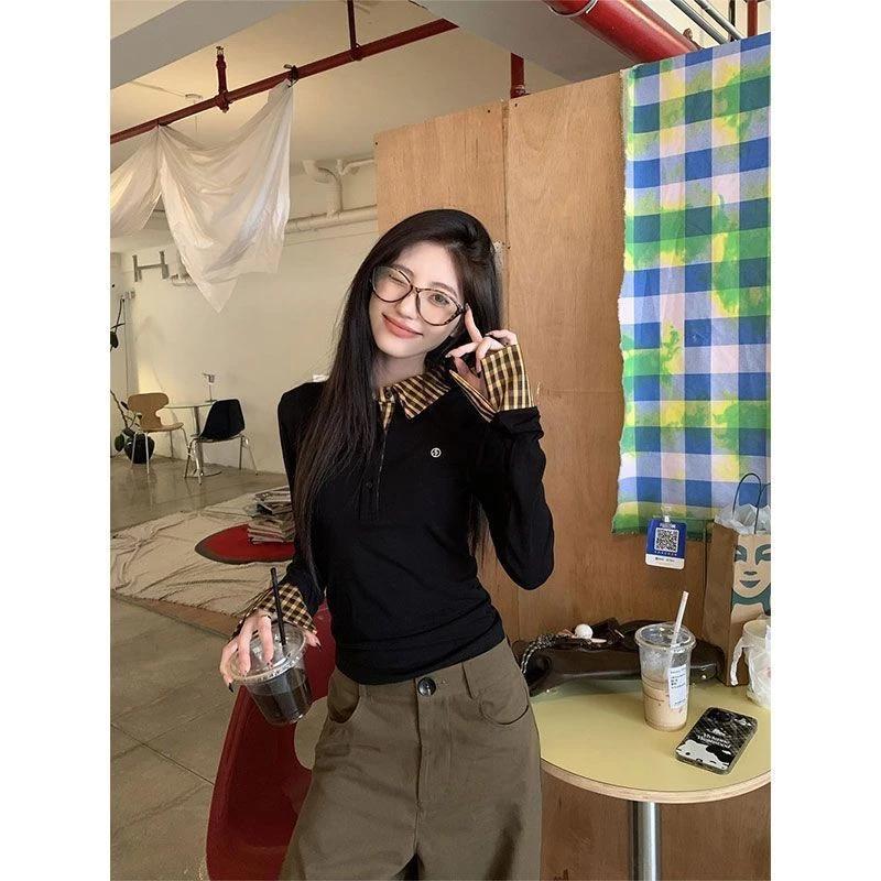 Áo thun dài tay giả hai mảnh kiểu Mỹ retro kẻ sọc cho phụ nữ, cổ polo vừa vặn, áo cơ bản bên trong