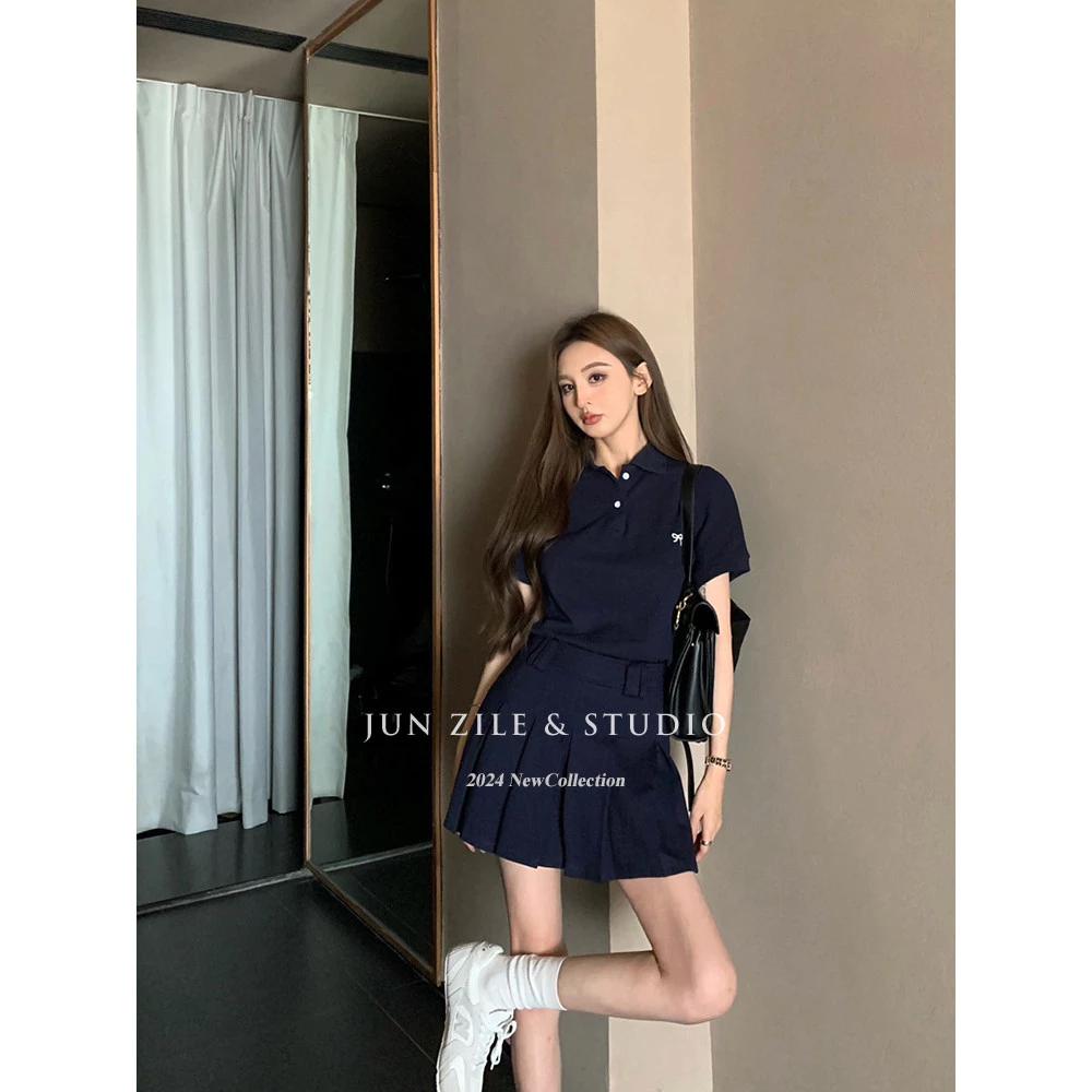 Áo thun ngắn tay cổ POLO cổ điển Mỹ + Bộ đồ váy xếp li
