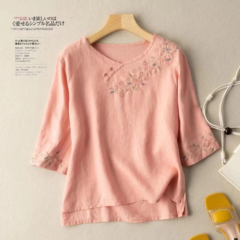 Áo Thun Thêu Nút Văn Học Retro Mùa Hè Phong Cách Mới Vải Lanh Cotton Thêu Rời Mỏng Hơn Nhìn Đơn Giản Phù Hợp Với Kích Thước Lớn Trung Quốc