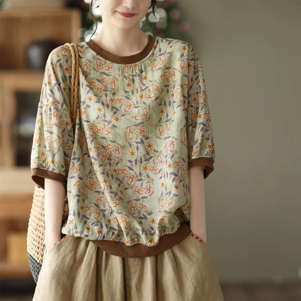 Áo Thun Vải Lanh Cotton Mùa Hè 2024 Phong Cách Mới Retro Vải Lanh Cotton In Hình Top Nữ Rời Cổ Tròn Giữa Tay Áo Thun Nữ