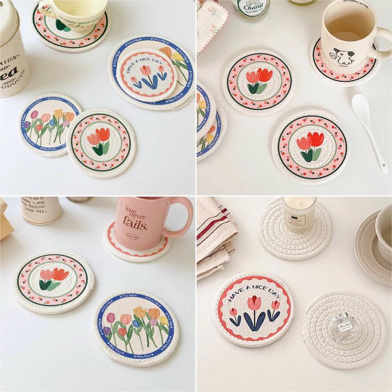 Bàn in hoa Tulip Coaster Bắc Âu Hoa Placemats Tấm lót cốc chịu nhiệt gia đình