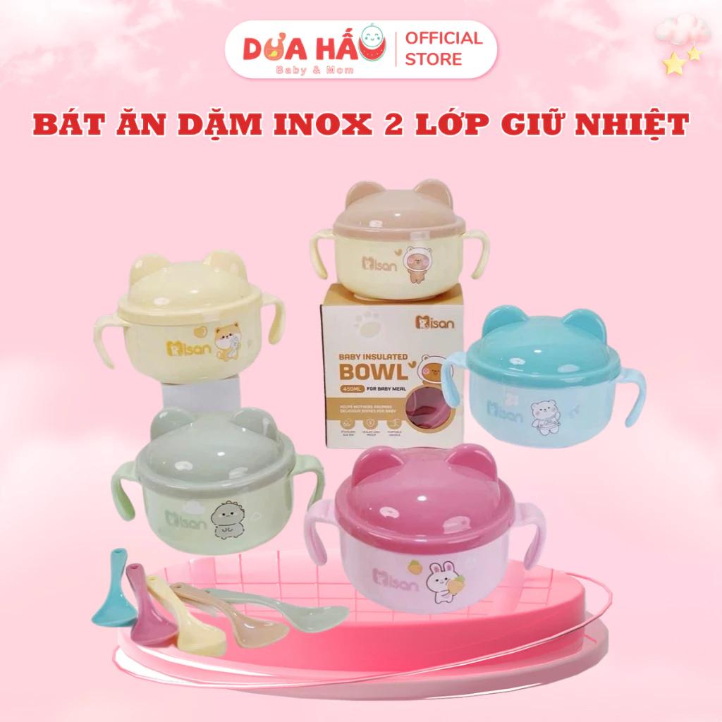 Bát Ăn Dặm Inox 2 Lớp Giữ Nhiệt Cho Bé Có Tay Cầm Nắp Đậy, Thìa Muỗng Misan"