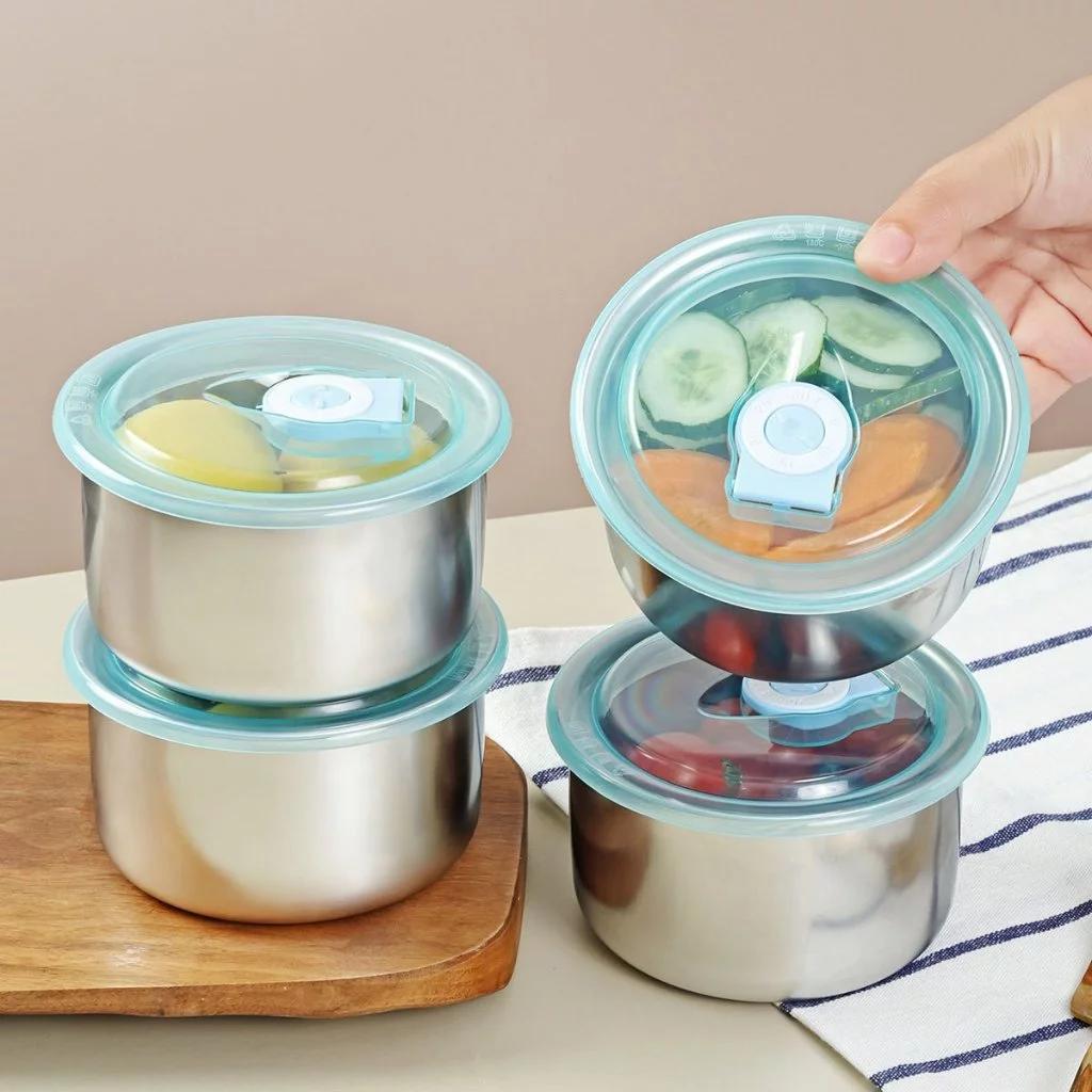 Bát / tô dáng tròn đựng bảo quản thực phẩm Inox 304 có nắp đậy tiện dụng 10x6.5cm