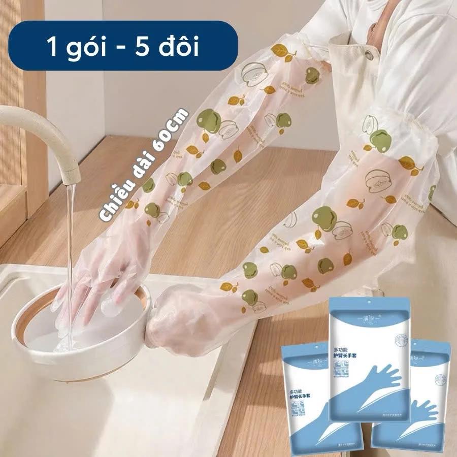 Bịch 10 Cái Găng Tay CPE IN HOẠ TIẾT Siêu Dai Dùng 1 Lần Dài 60cm Bo Chun Chống Tuột, Bao Tay Rửa Chén Bát, Giặt Đồ