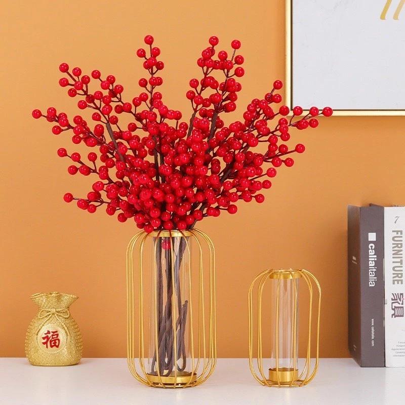 Bình cắm chưng hoa khung sắt mạ vàng lõi thủy tinh hình kim cương đèn lồng sang trọng phụ kiện trang trí decor tuyệt đẹp