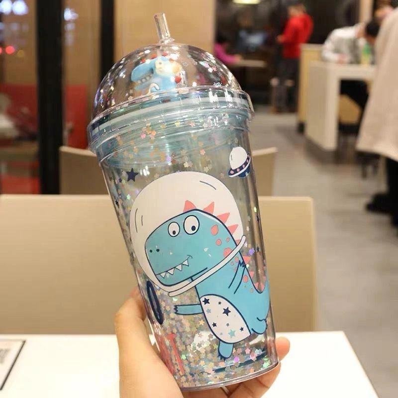 Bình nước khủng long 3D kim tuyến nhiều màu sắc (450ML), giữ nhiệt hai lớp kèm ống hút siêu cute