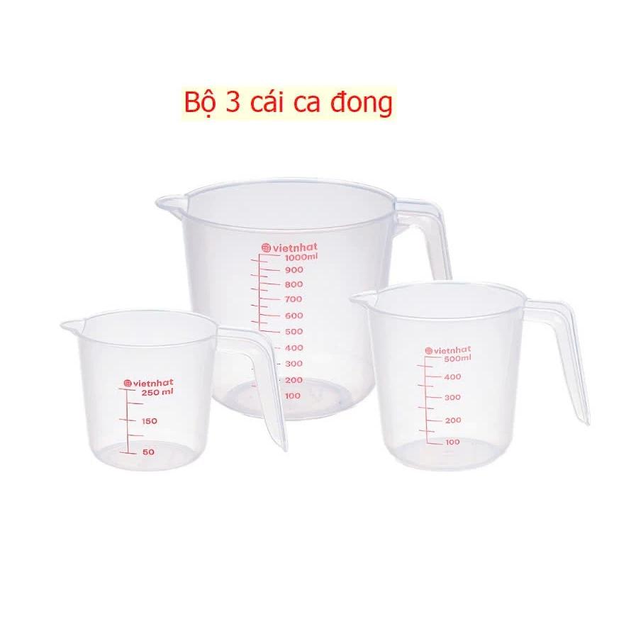 Bộ 3 ca đong mini nhựa VIỆT NHẬT 250ml, 500ml, 1L - Trong suốt, vạch chia định lượng 6010