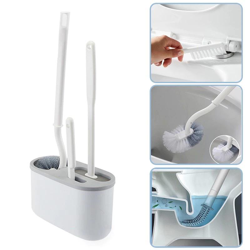 Bộ 3 Cọ bồn cầu silicon có đế đựng, Bàn Chải Vệ Sinh Toilet Cán Dài 360 Độ Dùng Nhà Tắm Tiện Dụng