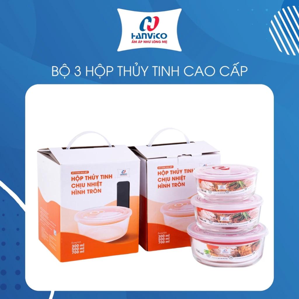 Bộ 3 hộp thủy tinh chịu nhiệt tròn Hanvico 700ml,500ml,300ml , hộp đựng thức ăn
