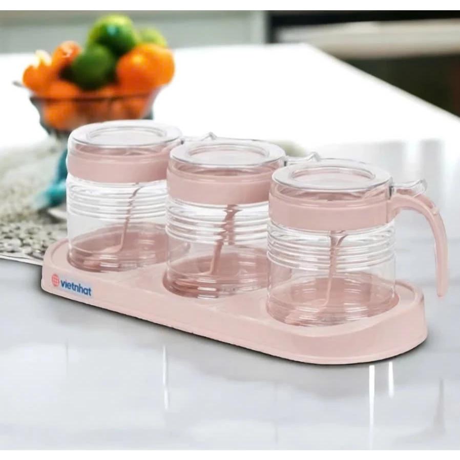 Bộ 3 Lọ Đựng Gia Vị Tròn Cao Cấp Tròn Việt Nhật Có Muỗng Kèm Khay Cao Cấp 3 - 2932