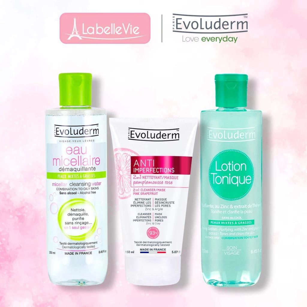 Bộ 3 sản phẩm dành cho da dầu mụn Evoluderm giúp giảm thâm và mụn, làm sạch, cho làn da mịn màng tươi sáng