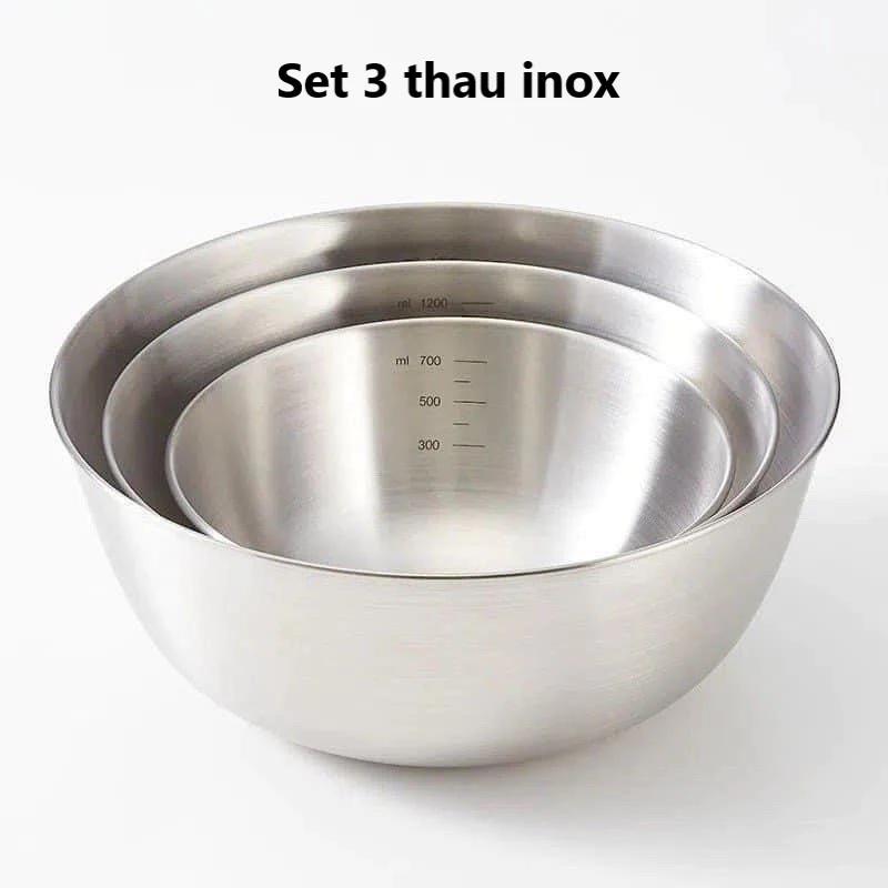 Bộ 3 thau có vạch chia định lượng inox - tô trộn salad, âu trộn bột inox 17-19.5-24cm