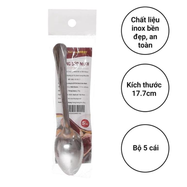 Bộ 5 cái muỗng BHX soup nhọn, soup tròn, muỗng canh, nĩa inox cán dài trơn dày dặn - Hàng Việt Nam