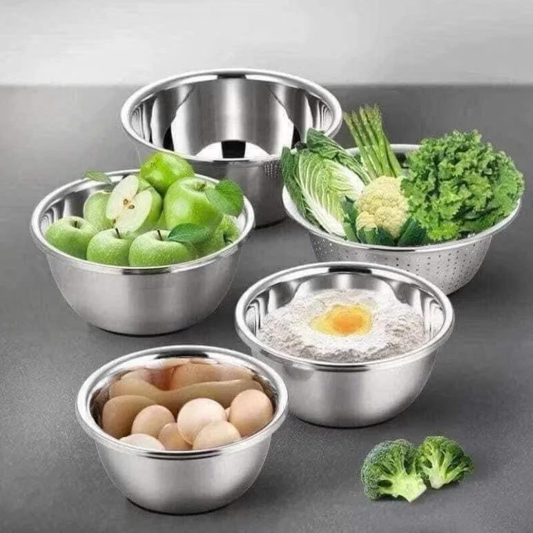 Bộ 5 thau chậu trộn inox tiện lợi (4 thau -1 rổ) - thau chậu rửa thực phẩm