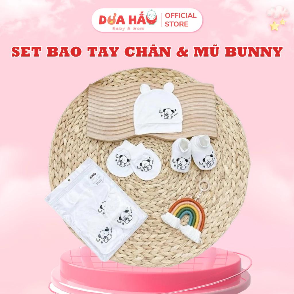 Bộ Bao Tay Bao Chân Kèm Mũ Chất Liệu Cotton Pettit Hình Cún Hãng Bunny Tông Nền Trắng Cho Bé