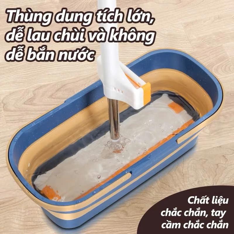 Bộ Cây Lau Nhà Chổi Lau Nhà Tự Vắt 360° Cao Cấp Tặng Xô Nhựa Silicon Gấp Gọn Kèm 2 Bông Lau Cotton