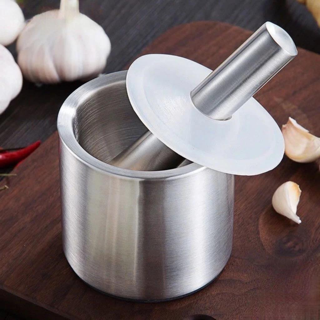 Bộ cối chày inox 304 đúc nguyên khối kèm nắp đậy cao cấp sang trọng