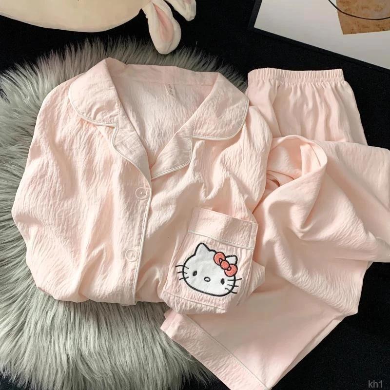 Bộ đồ ngủ dài tay dài chân cotton mây bán chạy cho phụ nữ, trang phục thư giãn dễ thương cho sinh viên, bộ đồ hai mảnh có thể mặc được