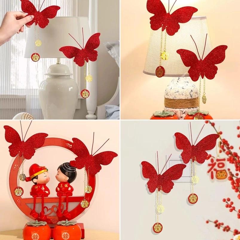 Bộ hoàn chỉnh trang trí phòng cưới thanh lịch với hình con bướm đỏ 3d và miếng dán hạnh phúc đôi