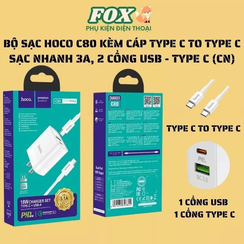 Bộ sạc 2 cổng kèm cáp TypeC to TypeC Hoco C80 cho IPhone 15 16 /andoird - USB QC 3.0 typeC PD 20W