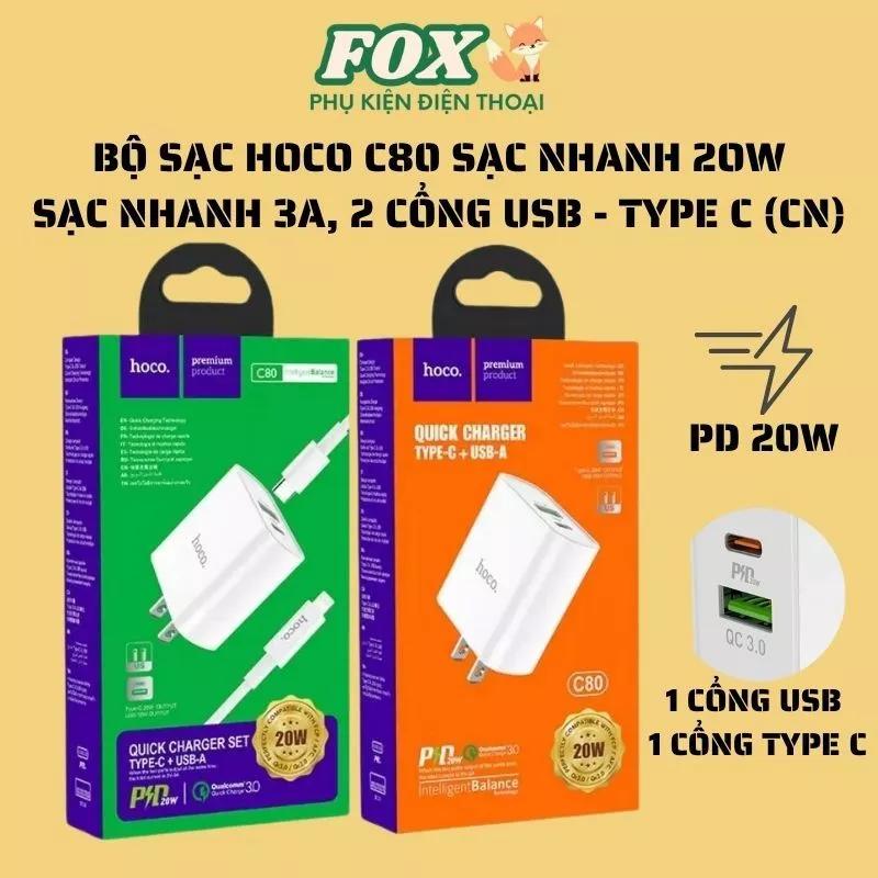 Bộ sạc nhanh chính hãng Hoco C80 Hỗ trợ sạc nhanh PD 20W (QC3.0) 2 Cổng USB Và Type C