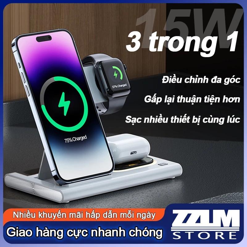 Bộ sạc nhanh không dây ba trong một, sạc nhanh cuộn dây kép, đế sạc điện thoại di động gấp