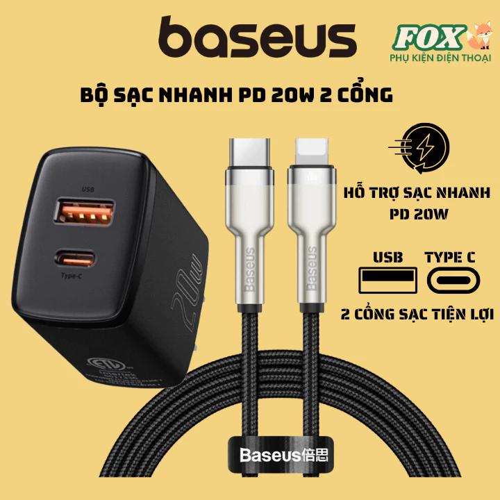 Bộ sạc nhanh PD 20W 2 cổng Baseus - 1 cổng usb - 1 cổng type C - sạc đầy 50% pin trong vòng 30 phút