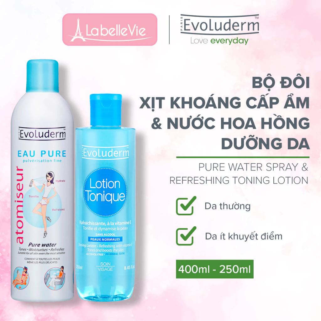 Bộ sản phẩm dưỡng ẩm và chăm sóc da Xịt khoáng Evoluderm 400ml + Nước hoa hồng dành cho da thường 250ml