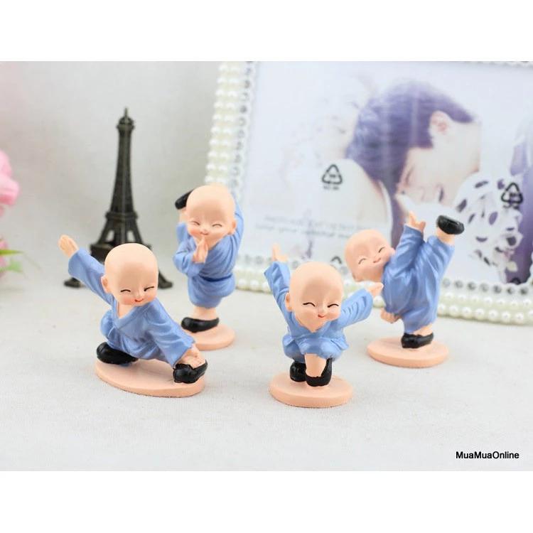 Bộ tượng 4 chú tiểu múa võ áo xanh, phật phong thủy mini 4 tư thế, trang trí xe hơi, để bàn