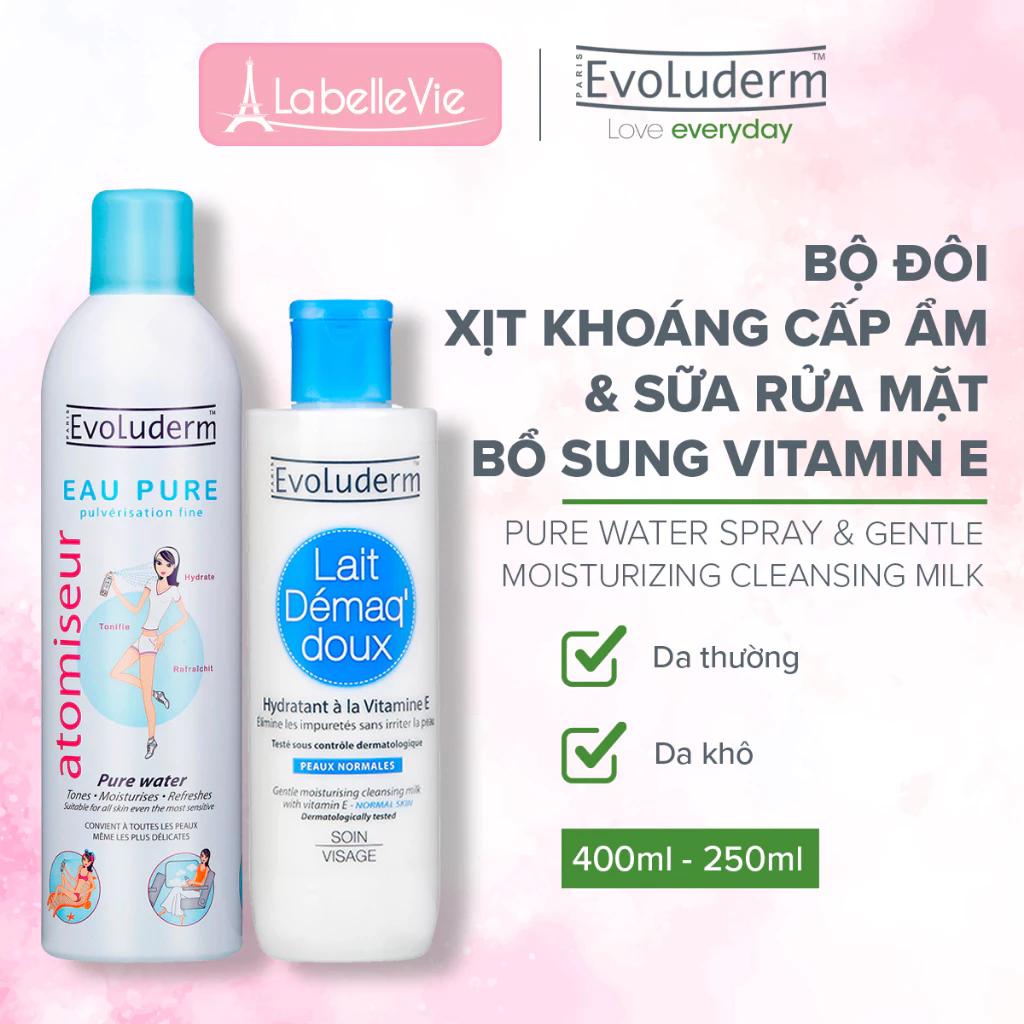 Bộ xịt khoáng Evoluderm 400ml cấp ẩm và sữa rửa mặt tẩy trang làm sạch da cho làn da tươi sáng 250ML