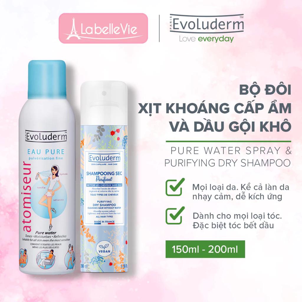 Bộ xịt khoáng và dầu gội khô Evoluderm giúp chăm sóc da và tóc tiện lợi khi đi du lịch, phượt 150ml