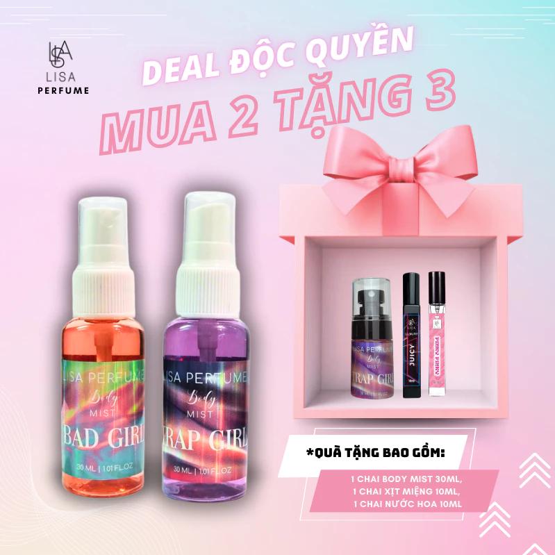 body mist nữ 30ml [mua 2 tặng 3]. 2 body mist 30ml+ tặng 1 body 30ml,1 nước hoa 10ml, 1 xịt thơm miệng 10ml sale 30%