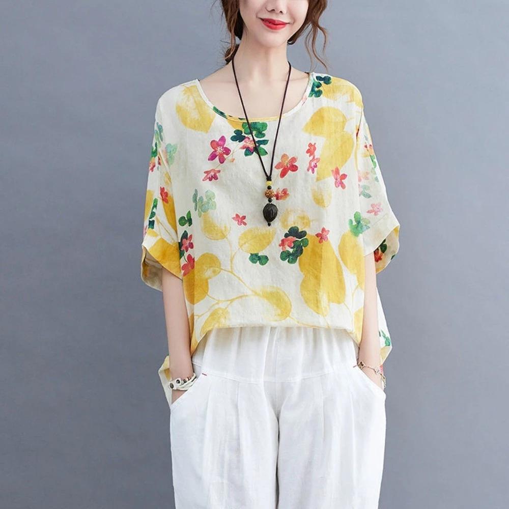 Bông Lanh Hoa Mùa Hè Văn Học Phong Cách Mới Béo Plus Kích Thước Nữ Đơn Giản Phù Hợp Với Phiên Bản Hàn Quốc Lỏng Lẻo Ôm Hơn Nhìn Hoa Giảm Tuổi