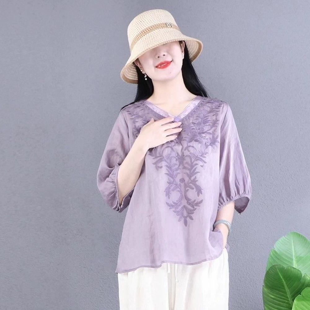 Cao Cấp Siêu Mịn Nguyên Chất Vải Lanh Cotton Thêu Hàng Đầu Văn Học Retro Đơn Giản Phù Hợp Với Mùa Hè Phong Cách Mới Áo Thun Phong Cách Dân Tộc