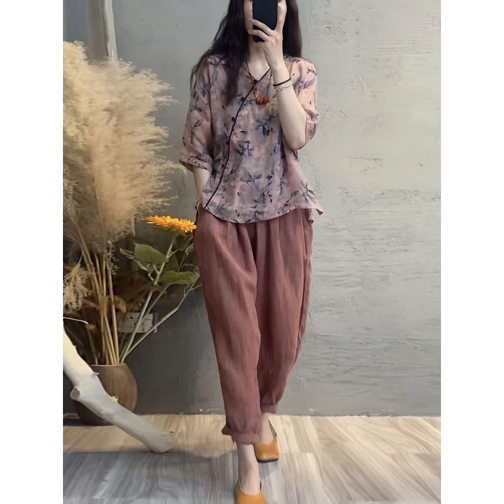 Cao Cấp Vải Lanh Cotton Phù Hợp Với Nữ Đơn Giản Phù Hợp Với Phong Cách Mới Tươi In Hình Cổ Chữ v Top Cover Bụng Hậu Cung Quần Ôm Hơn Nhìn Hai Mảnh Nữ